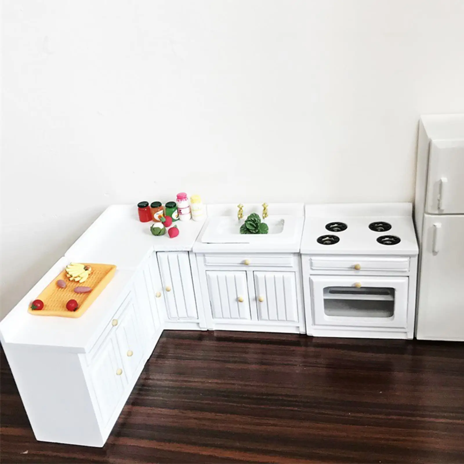 1/12 Dollhouse Miniature Kitchen Set Cooking Cabinet, Mini Corner Cabinet, Sink,
