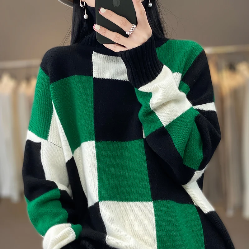 

Leisure high-necked women's 100% cashmere wool sweater long-sleeved knitting loose high-grade pullover cashmere sweater hot sale