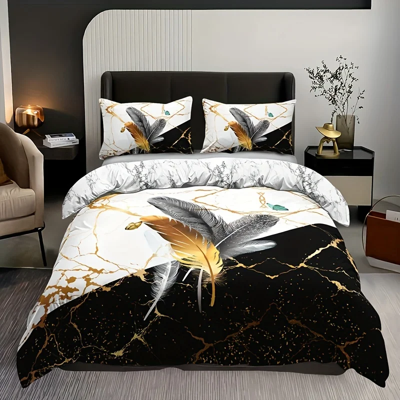 3pcs Fashion Duvet Cover Set Bronzing Marble Feather Print Bedding Set, Soft Comfortable Duvet Cover, For Bedroom, Guest Room