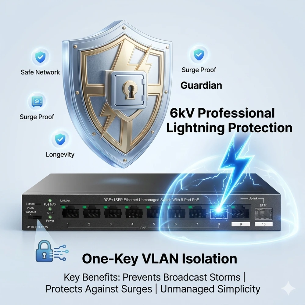 10포트 기가비트 PoE 스위치 120W 8 PoE+ 포트 1000Mbps SFP 업링크 250m 확장 VLAN 분리 6kV 서지 보호 (IP 카메라, AP용)