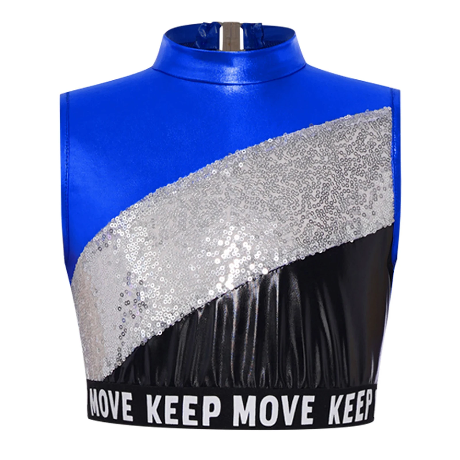 Jazz-Tanzoberteile für Kinder und Mädchen, Hip-Hop-Performance-Kostüm, Buchstabendruck, elastischer Saum, glitzernde Pailletten, Farbblock, metallisches Crop-Top – Detail 25
