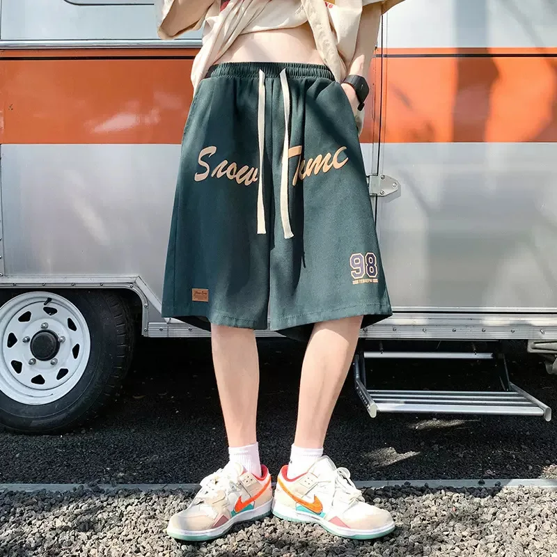 American Style Men Summer Casual Thin Style Motion Trousers High Street Fashion Vintage Letter Printing Loose Drawstring Shorts