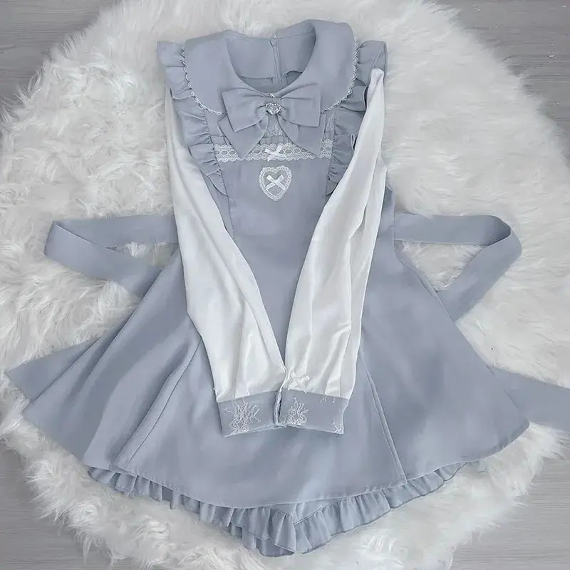 Lolita Dress Japanese Style Gothic Y2k Rhinestone Bow Shorts Set Sweet Women ruffles Peter Pan Collar Shirt Harajuku Party
