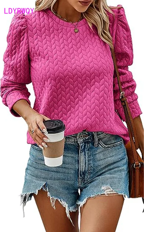 2023 European and American women's autumn and winter new round neck bubble long sleeve top air Fried Dough Twists sweater