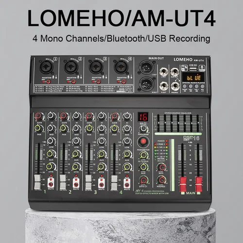 LOMEHO 4 채널 마이크 입력 오디오 믹서, 7 밴드 EQ 16 DSP 이펙트, 블루투스 믹싱 콘솔, 48V USB 재생, 레코드 사운드 테이블 AM-UT4 3