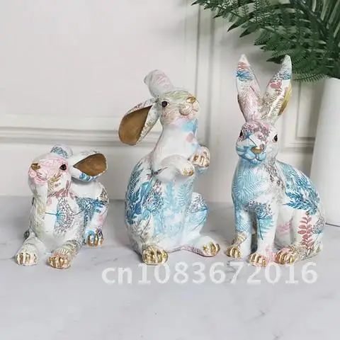 

Adorable Bunny Figurines Resin Rabbit Sculpture Home Room Decorative Art Ornaments Painted Jade Rabbit Statue Easter Decoration