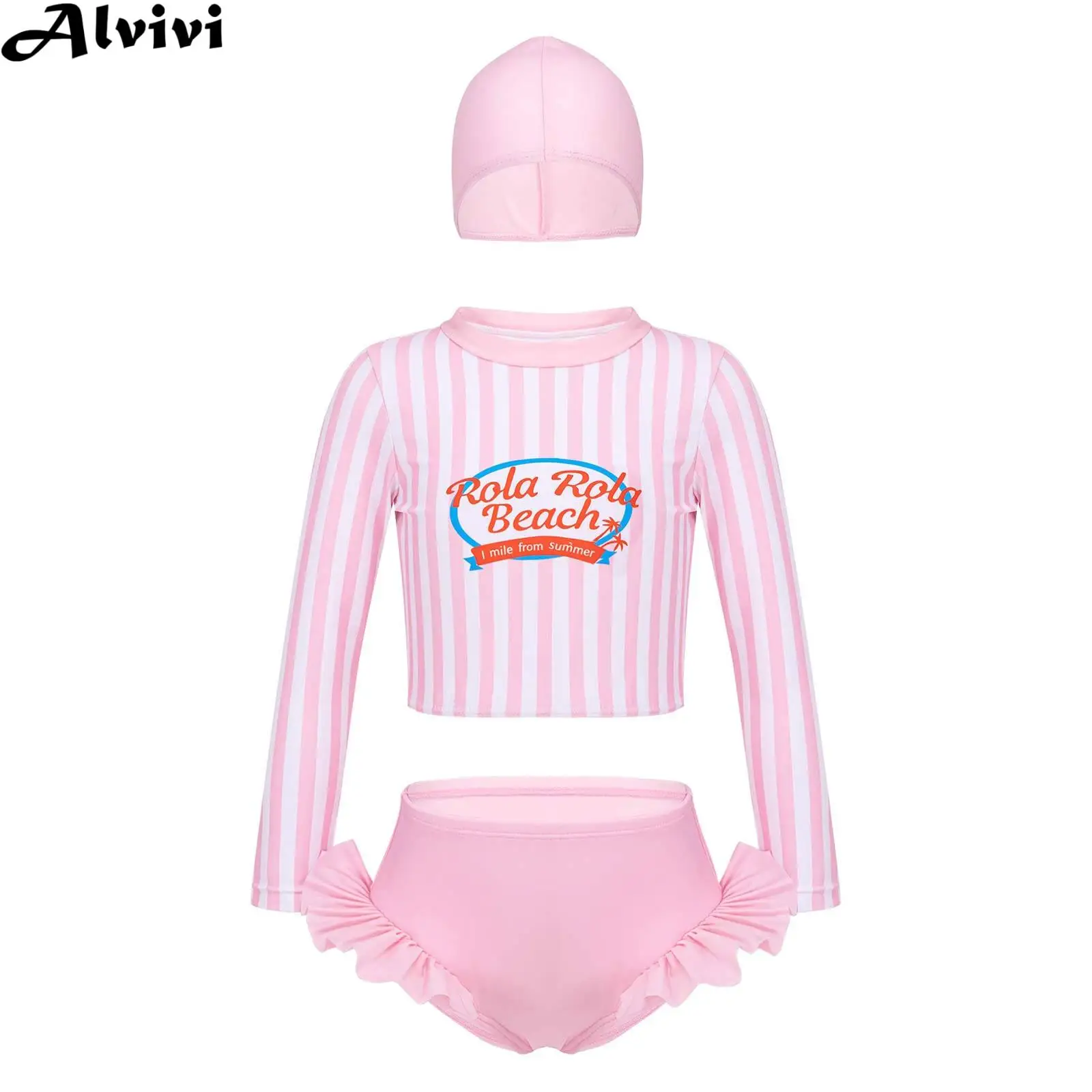 

Kids Girls 3pcs Set Swimsuit Long Sleeve Crop Top with Brief Swim Hat Beach Pool Bathing Surfing Swimwear Rash Guard Beachwear