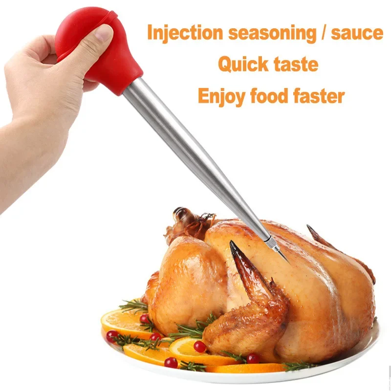 Cooking Kitchen Stainless steel Poultry BBQ Food Flavour Baster Syringe Tube Pump bbq sauce injector for Chicken Turkey Poultry Meat BBQ Food