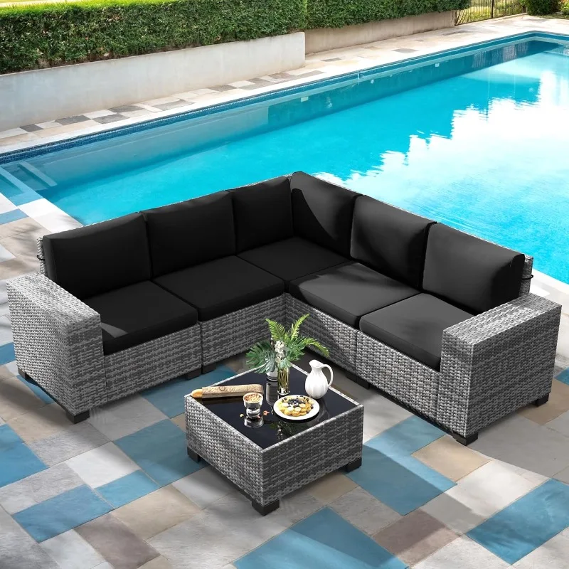 

Outdoor Sectional Furniture Set 6-piece Grey Rattan Wicker Conversation Sofa Set with Glass Top Table and Waterproof Covers