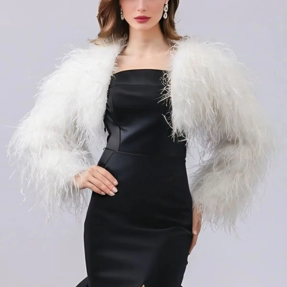 Chaqueta corta de plumas de avestruz, abrigo peludo para cena