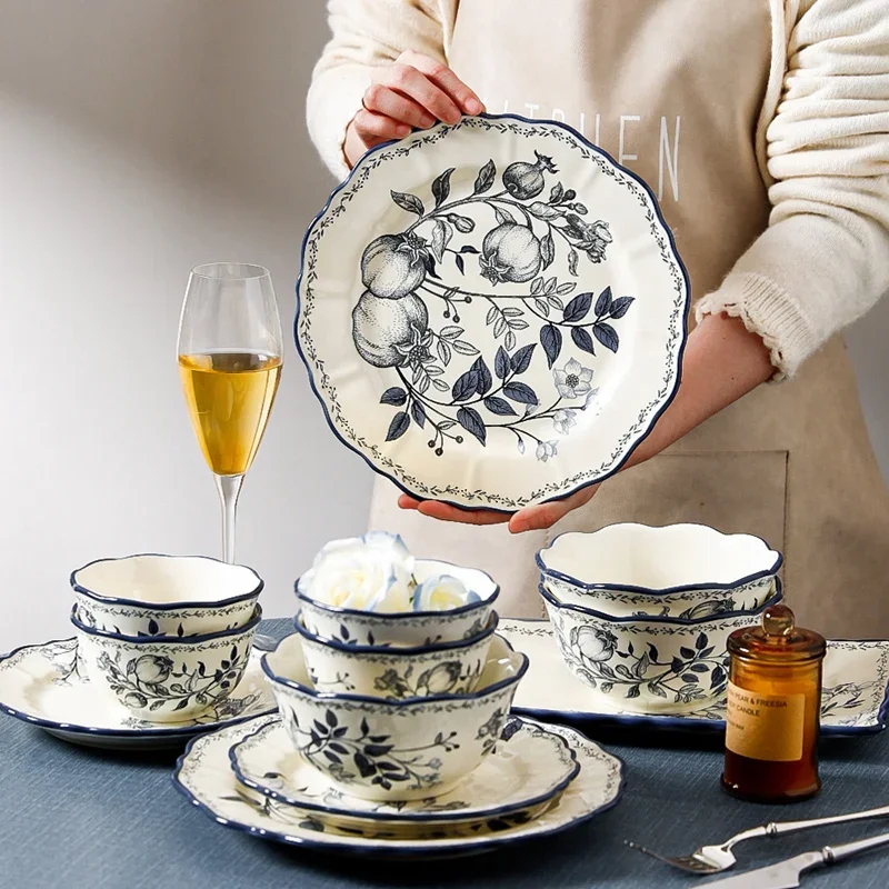 Retro Ceramic Plate Set European Hand Painted Flowers Desktop Dinner Set Plates and Dishes Wedding Center Fruit Salad Plates