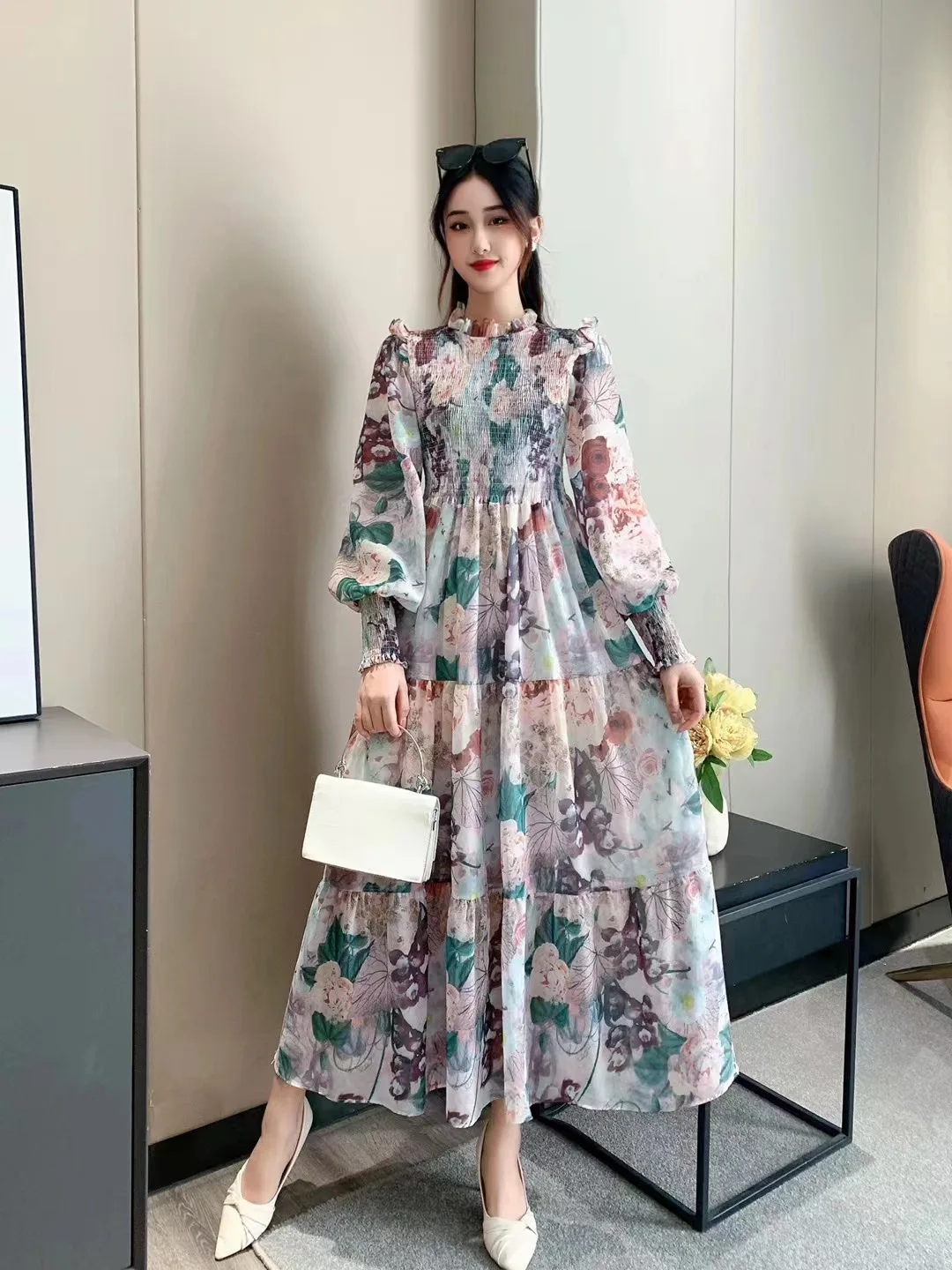2024 Muslim Turkey Spring Autumn Women Long Sleeve Dress Sweet Flowers Print  Chiffon Long Dress Holiday Dress