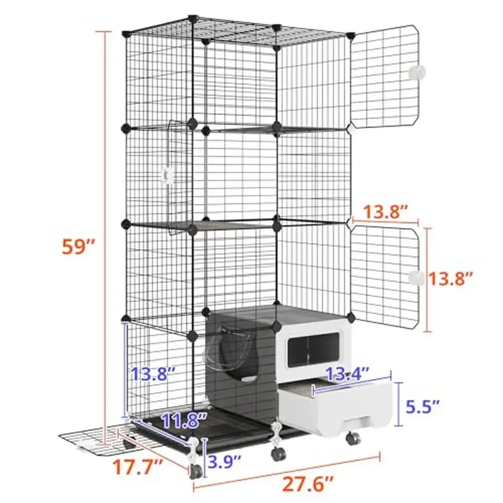 Detachable 4-Tier Metal Cat Cage Kennel Playpen with Litter Box Paw-Friendly Surface Easy Cleaning 360-Degree Swivel Locking