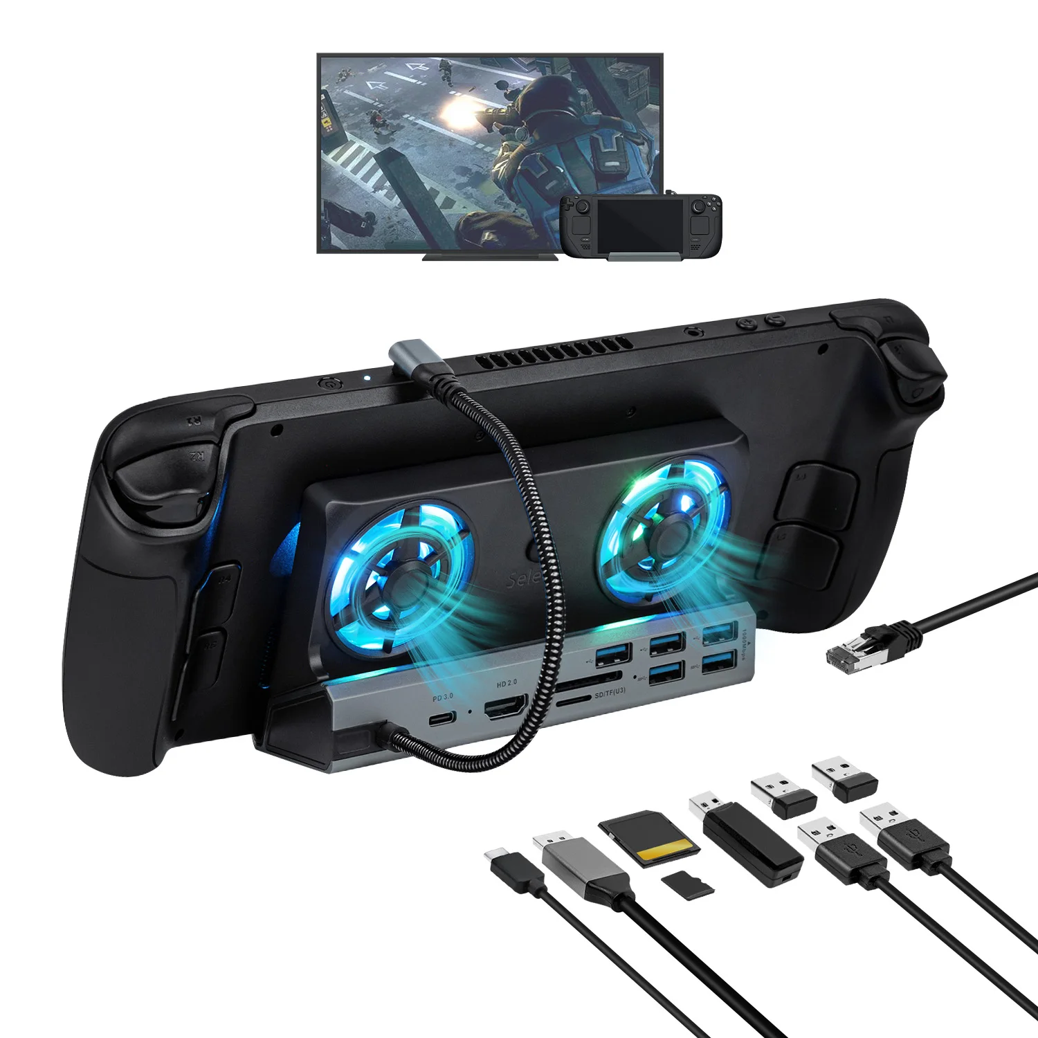 듀얼 냉각 팬이 장착된 10 in 1 도킹 스테이션 HDMI 호환 2.0 4k@60hz 스팀 데크/로그 얼리용 기가비트 이더넷 도킹 스탠드