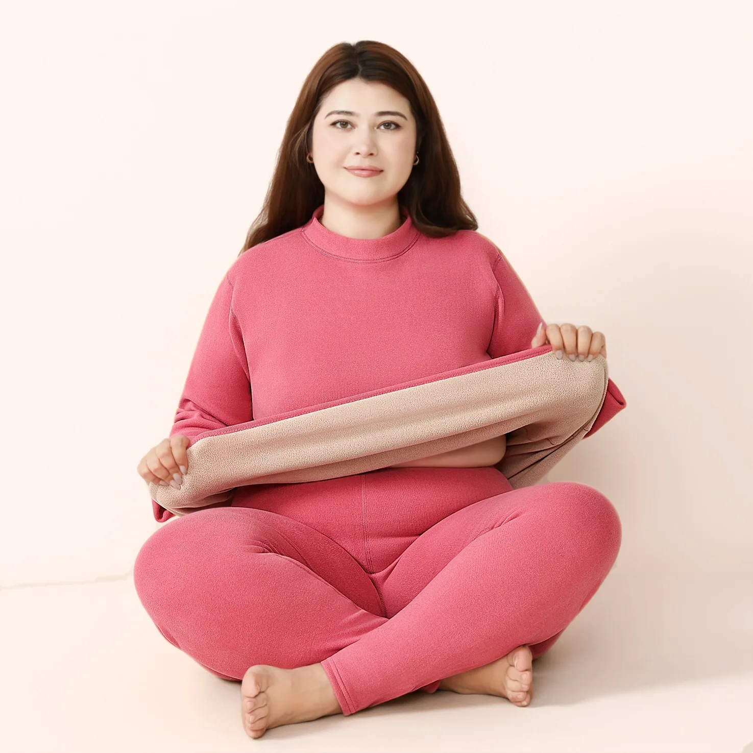 Plus Size Women's Thermal Underwear Set Fleece Lined Thickened One-Piece Lamb Velvet Anti-Cold Winter Clothes Long Sleeve