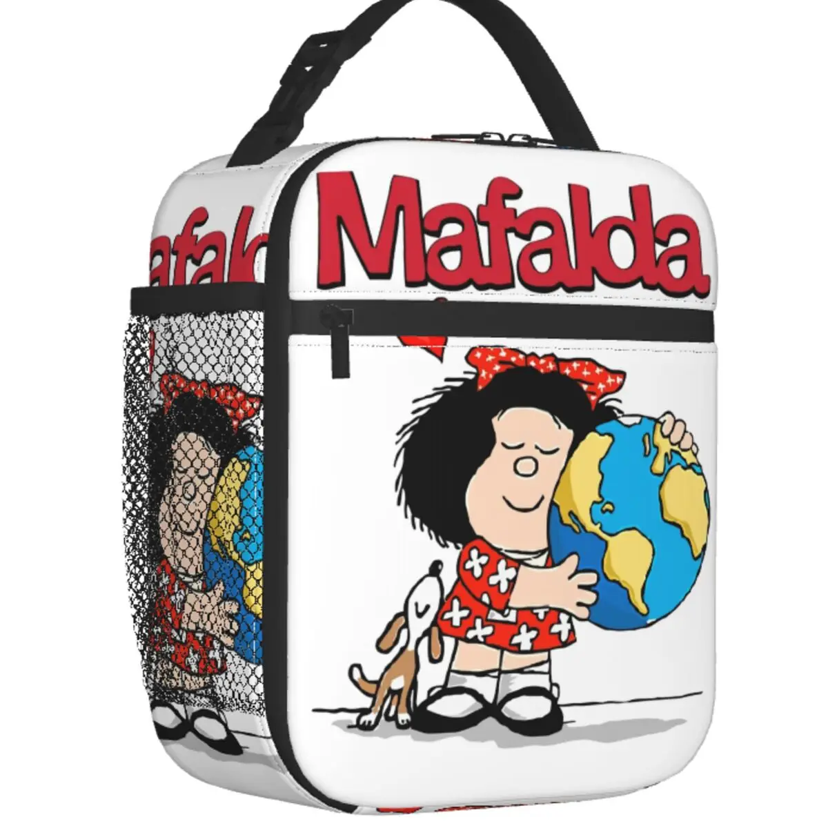 

Mafalda World Her Puppy Thermal Insulated Lunch Bag Quino Comic Cartoon Portable Lunch Container Picnic Multifunction Food Box