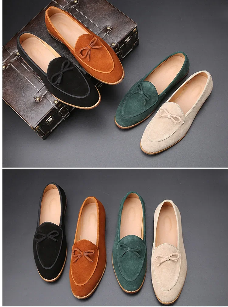 Men's Casual Shoes Suede Genuine Leather Men Trendy Bowknot Party Wedding Loafers Moccasins Mens Driving Flats