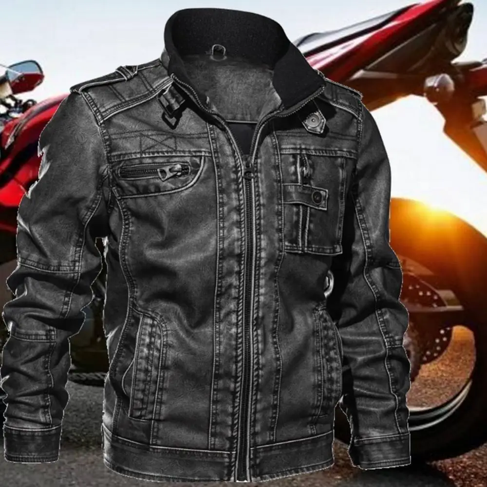 Description Picture 3 of itemAutumn Men Fashion Faux Leather Stand Collar Casual Motorcycle Biker Jacket Coat
