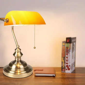 Bankers Desk Lamp with Pull Chain Switch, Amber Glass Shade Desk Lamps, Bronze Base,Vintage Library Lamp 4