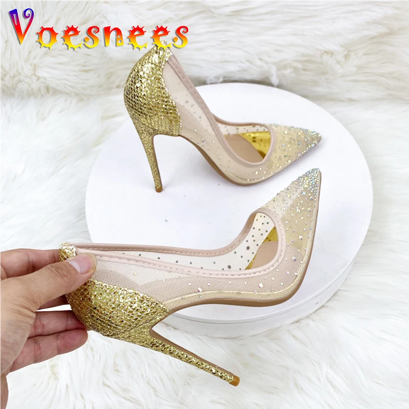 

Shiny Rhinestone High Heels Comfort Breathable Summer Pointed Toe Women Pumps 12CM Sexy Mesh Party Shoes Wedding Dress Stilettos