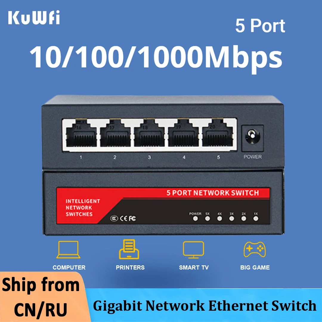 

KuWfi 5 Port 10/100/1000Mbps Gigabit Network Ethernet Switch Adapter Fast RJ45 Ethernet Switcher LAN Switching Hub