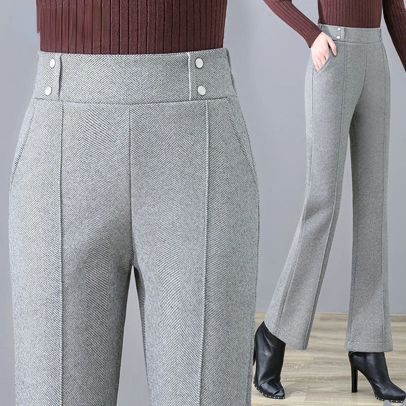 

Elegant Korean Fashion Thicken Woolen Flare Pants for Women 2023 New Autumn Winter Solid High Waist Slim Office Ladies Trousers