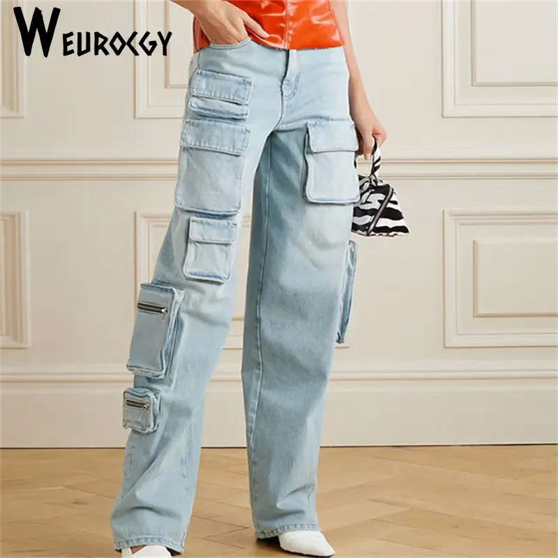 

2023 Summer y2k Casual Fashion New Style High Quality Trends Cotton Med Waist Full Length Pockets Women's Jeans Streetwear