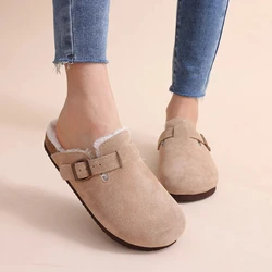 Crestar New Fur Clogs Thick-Soled BK Slippers Women Winter Warm Short Plush Fashion Leather Cork Shoes With Arch Support
