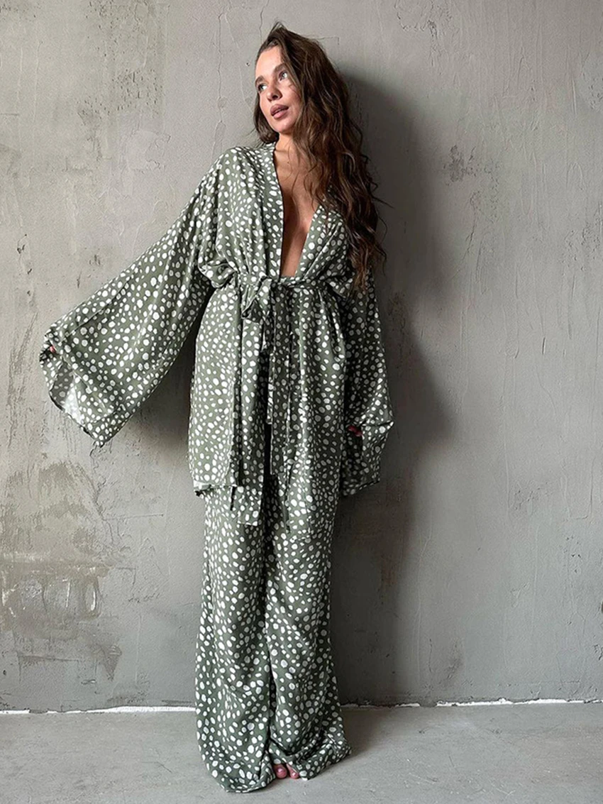 Marthaqiqi Spring Femme Sleepwear Set Sexy V-Neck Long Sleeve Pajama Lace Up Nightgowns Pants Printing Casual Women Pyjamas Suit