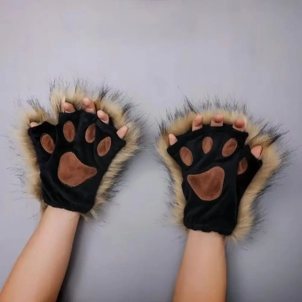 Prank Toy Polyester Halloween Gloves Wolf Claw Half Finger Bear Paw Gloves Scary Fluffy Cat Paw Mittens Winter