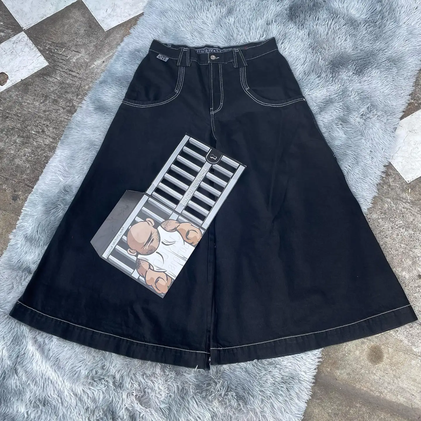 JNCO 헐렁한 와이드 레그 청바지 바지, Y2K 힙합 포켓 청바지, 블랙 바지, 남성 여성 하라주쿠 고딕 하이 웨이스트 바지