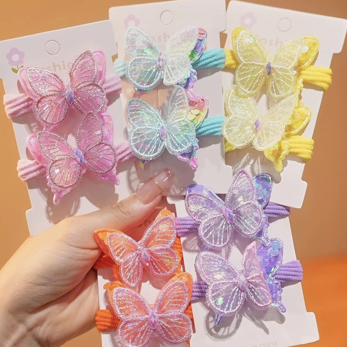 Children's Hair Rope Cute Sweet Sequined Butterfly High Elasticity Towel Ring Candy Color Hair Band Hair Accessories