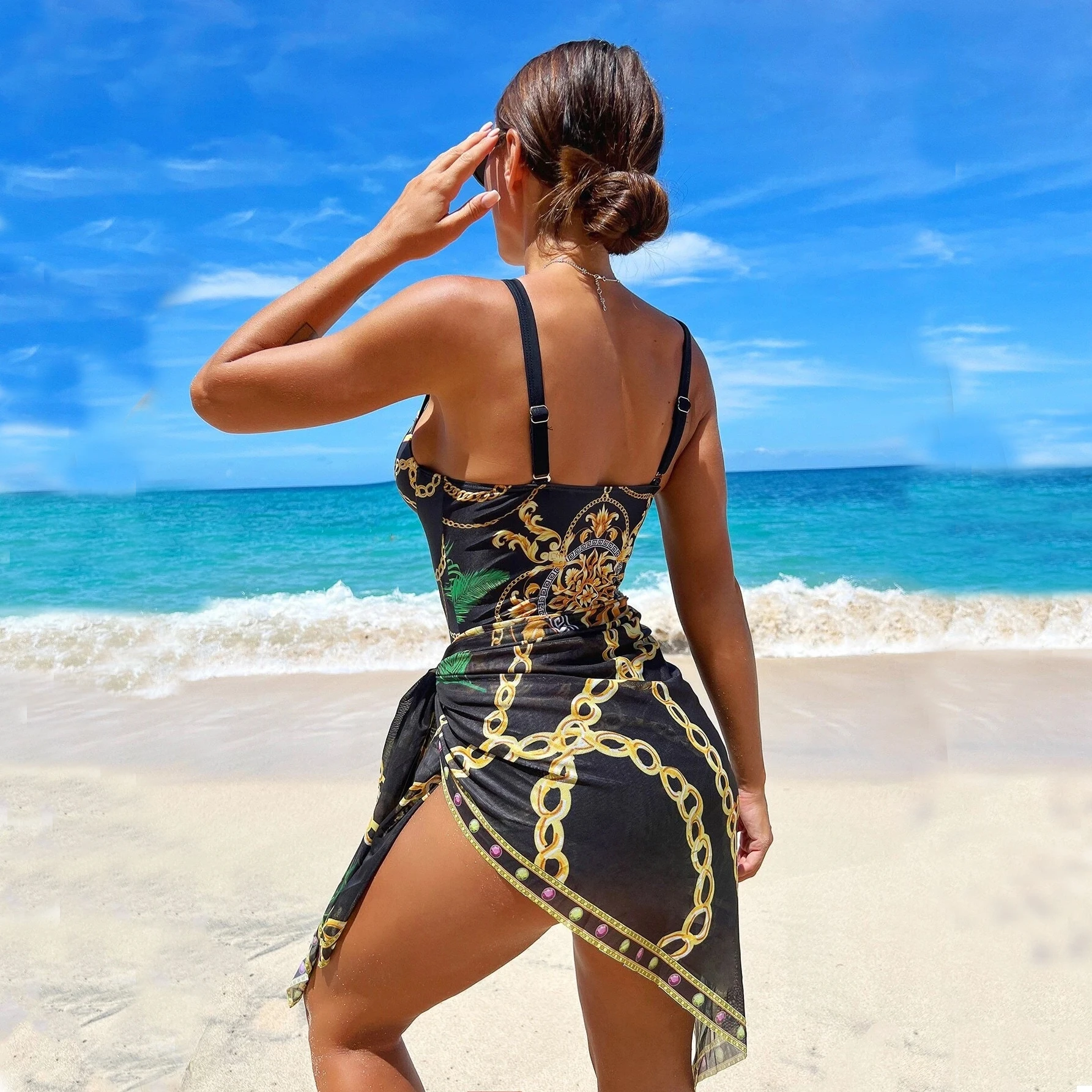 Print Push Up One Piece Swimsuit With Beach Skirt V Neck Swimwear Women Beachwear Bathing Suit Vintage Monokini Summer one piece swimsuit