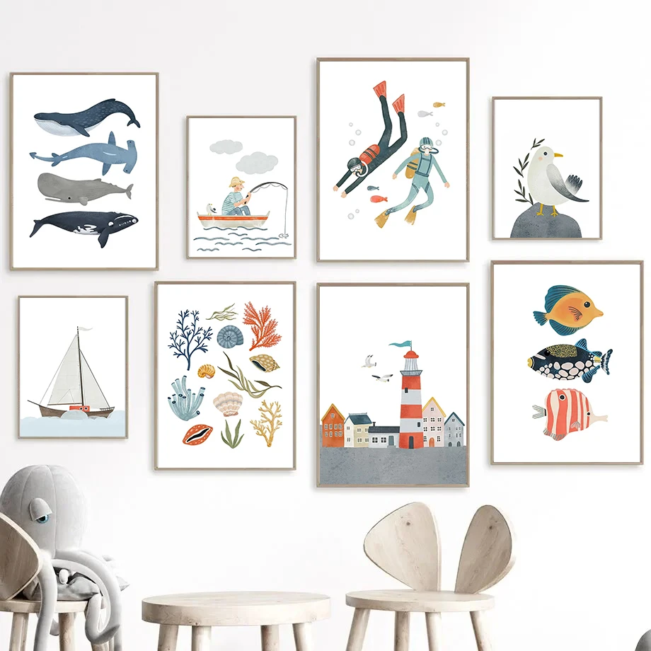

Cartoon Lighthouse Whale Shell Diver Fishing Wall Art Canvas Painting Nordic Posters And Prints Wall Pictures Kids Room Decor
