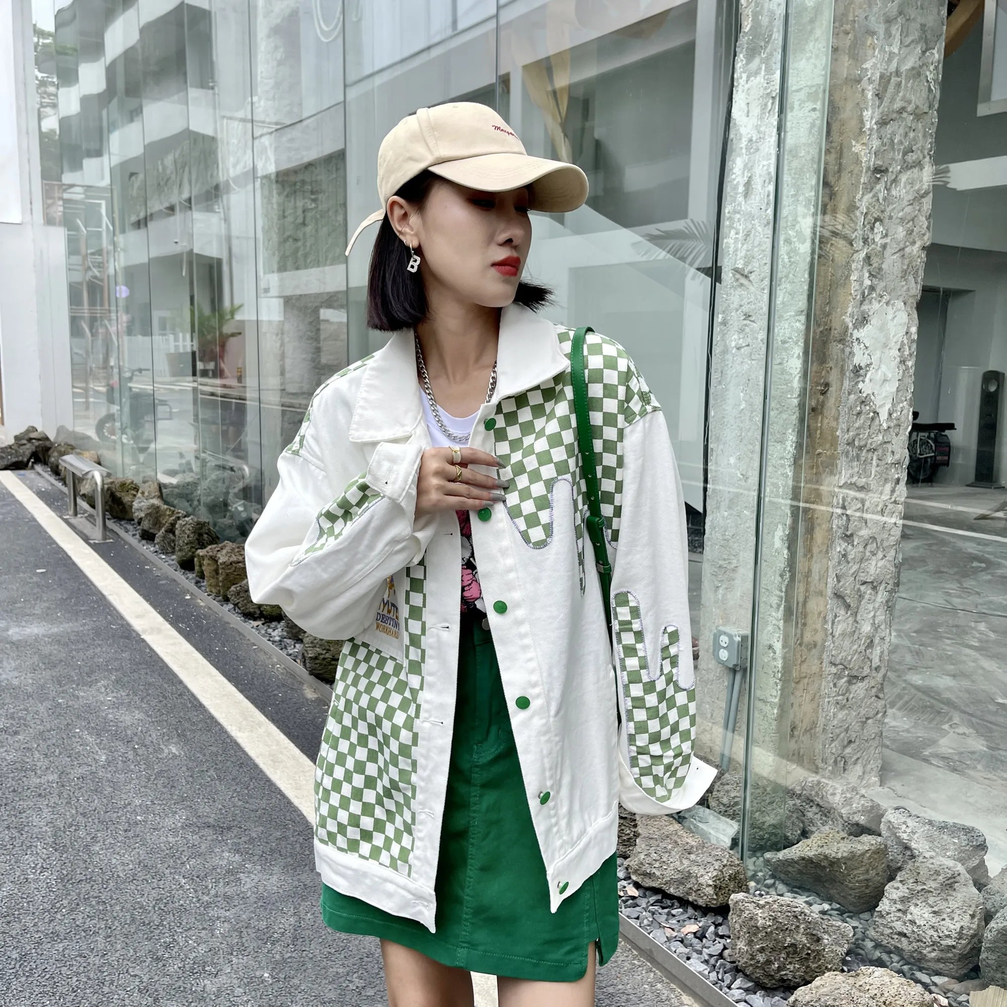 

2022 Denim Jacket Fashionable Men's and Women's Stitching Chessboard Relaxed Leisurel Autumn New American Workwear Free Shipping