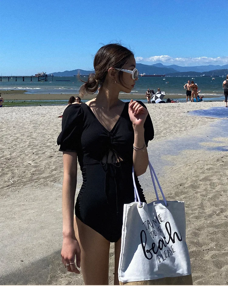 Short Sleeve One Piece Swimsuit Women Solid Swimwear Cut Out Monokini Push Up Swim Suit Korea Style Bathing Suit Pad Open Back