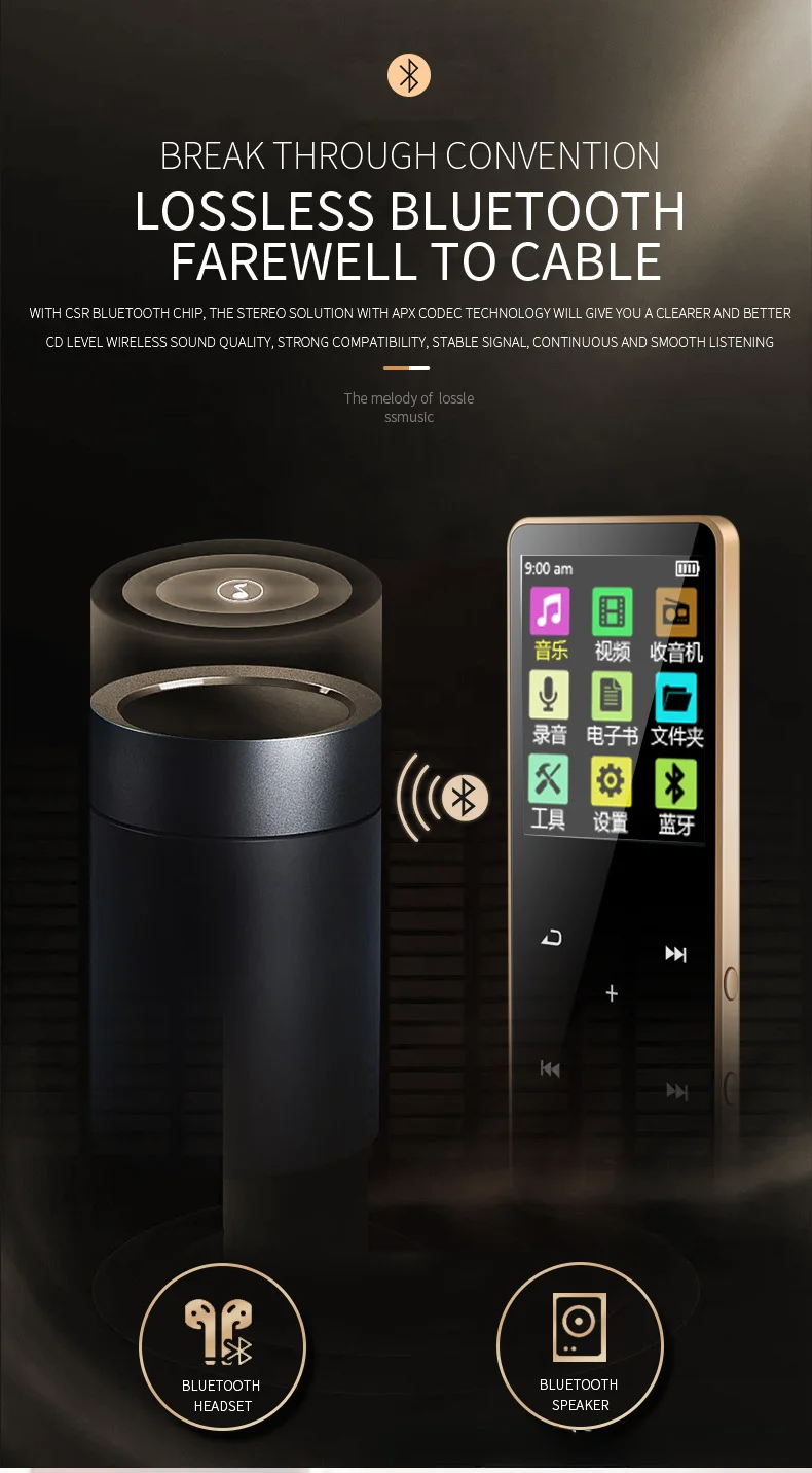 Fashionable MP4 player 1.8 inch touch bluetooth MP3 lossless music student mp3 can be plugged in with external speaker