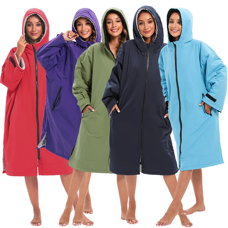 Unisex Surf Changing Robe Winter Outdoor Waterproof Microfiber Jacket Hooded Cloak Beach Surf Pool Lining Anorak Raincoat Coat