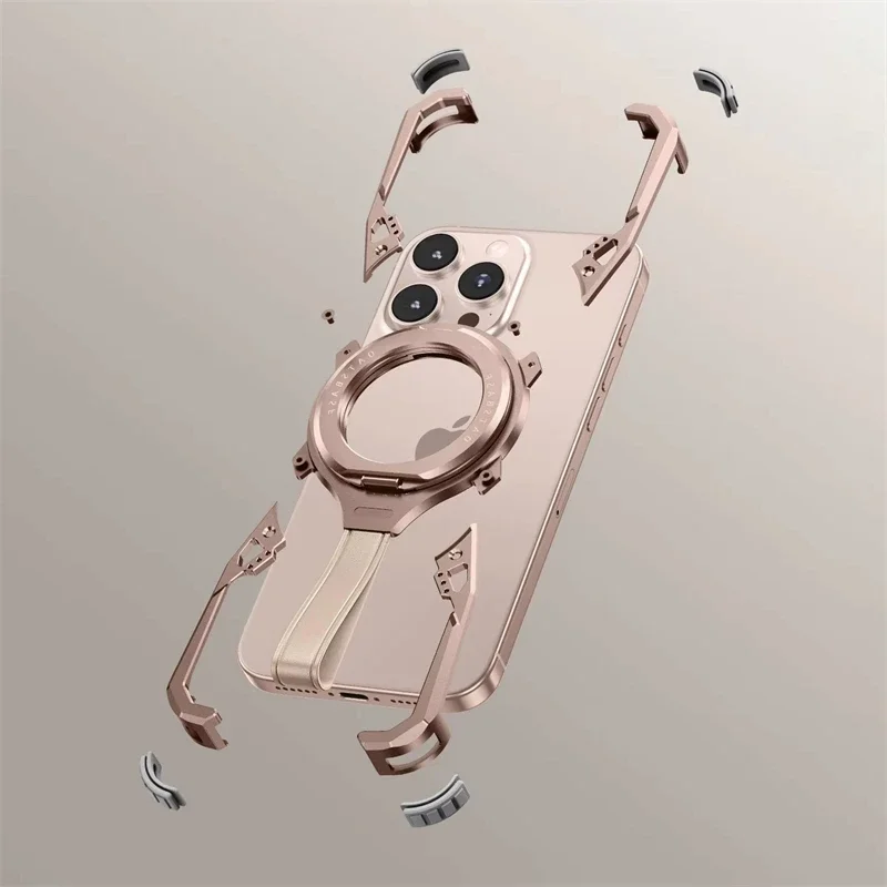Luxury Metal Frame Magsafe Phone Case For iPhone 16Pro 16ProMax 360° Magnetic Bracket Aluminum Alloy Frameless Shockproof Cover 6