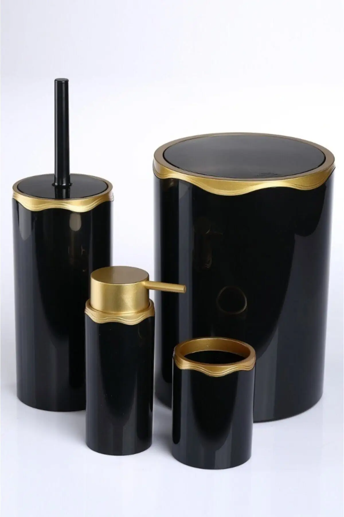 Schwarz-Goldenes Acryl-Badezimmer-Set, 4-Teilig, Flüssigseifenspender, Toilettenbürste, Müllkorb, Zahnbürste, Heim-Badezimmer-Dekoration