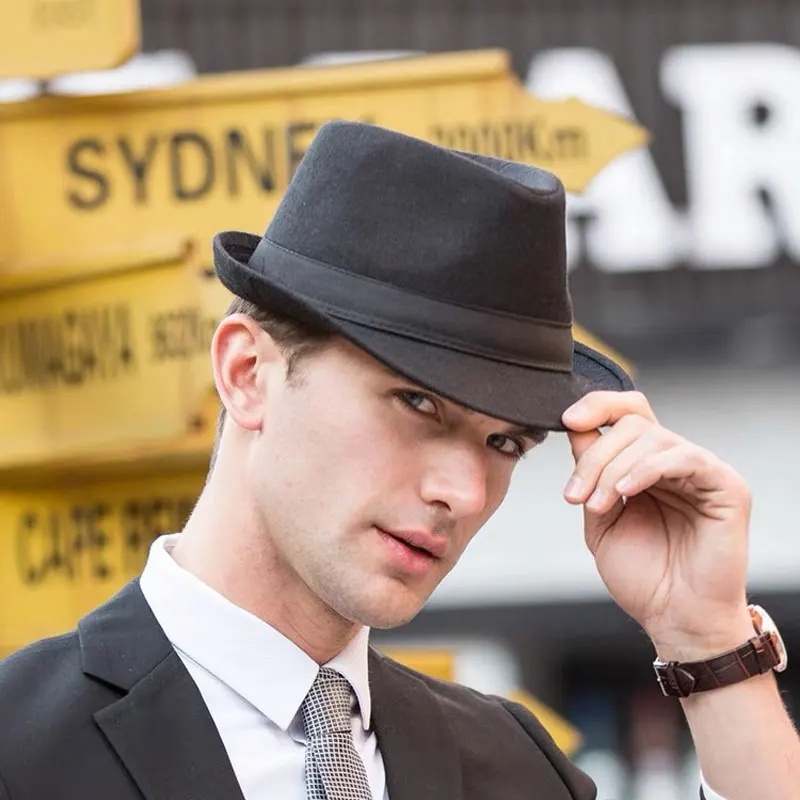 EUPSIIU 1 stuks elegante Fedora Trilby hoed, unisex klassieke Panama Bowler Hoed, klassieke Gentleman Stylish, Jazz Cap, Gangster Cap, Korte rand, voor reizen, strand, feest, outdoor, Zwart, One size