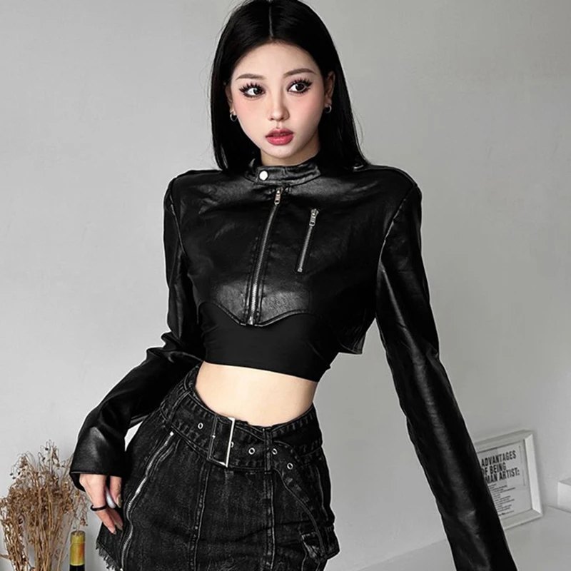 Black Pu Leather Jacket Women Sexy Cropped Harajuku Y2K Biker