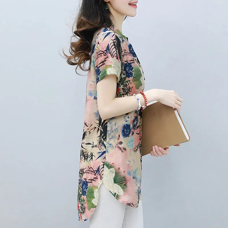 Vintage Folk Print V-Neck Midi Blouse - Elegant Summer Casual Wear