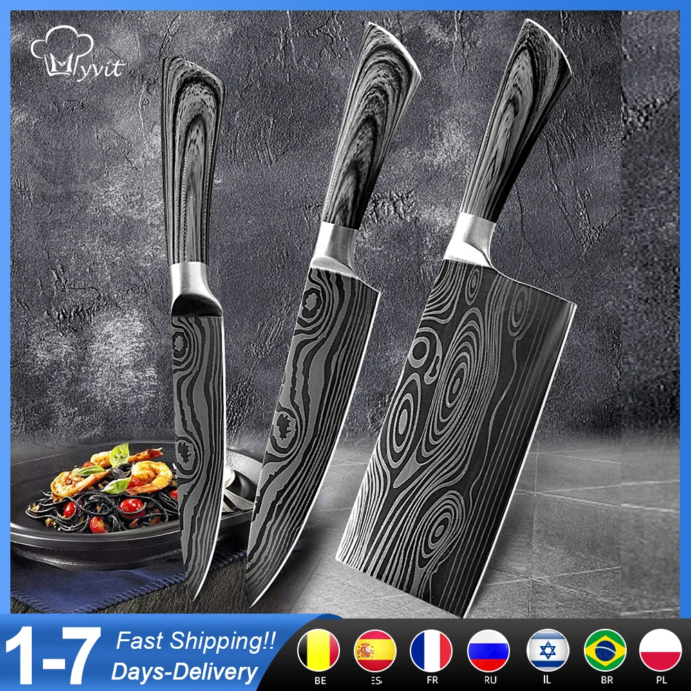 Coltello Da Cucina Chef Santoku Coltelli Giapponesi Set Portacoltelli Blocco 1-5 Pezzi Mannaia Utility Knife Laser Damacuse Pattern Affettatrice