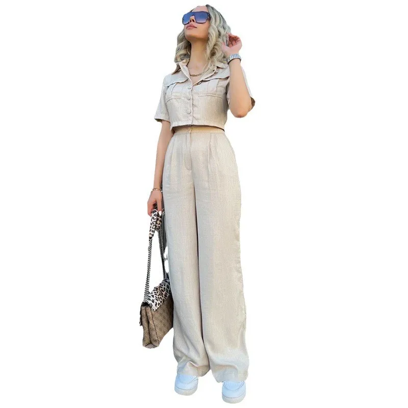New Commuter Casual Women's Set Polo Collar Pocket Short Sleeve Crop Shirt Wide Leg Pants Minimalist Style Two Piece Sets