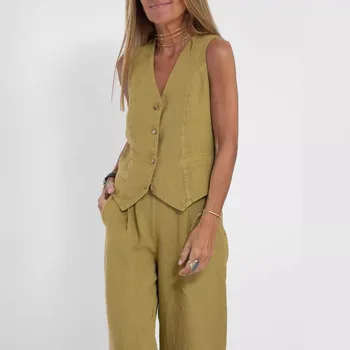 2024Summer And Autumn New European And American Solid Color Fashion Vest Trousers Patchwork Cotton And Linen Casual Women's Suit 3