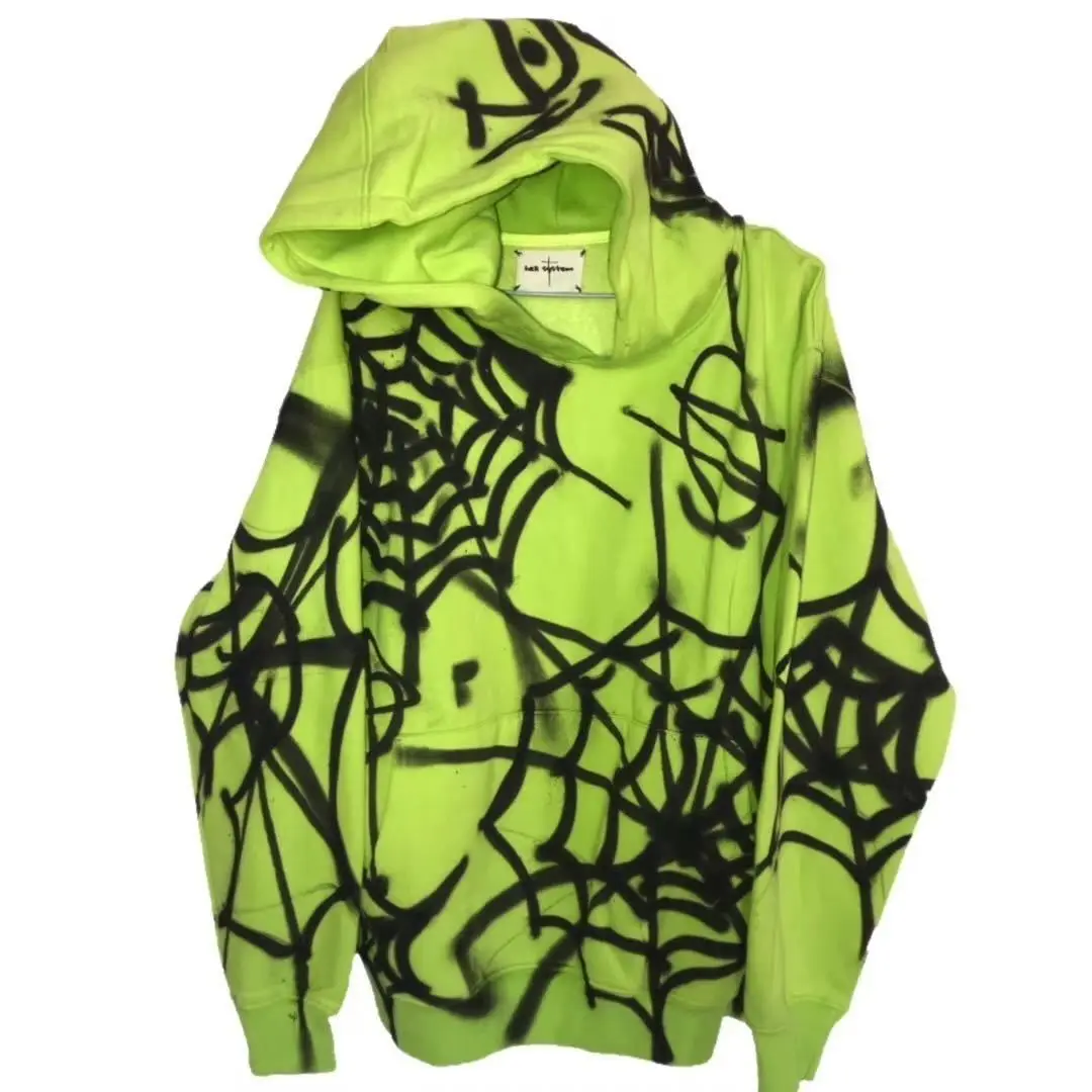 

Harajuku High Street Hoodie Men Women American Oversize Couple Anime Hooded Jacket Women Graffiti Spider Web Fluorescent Green