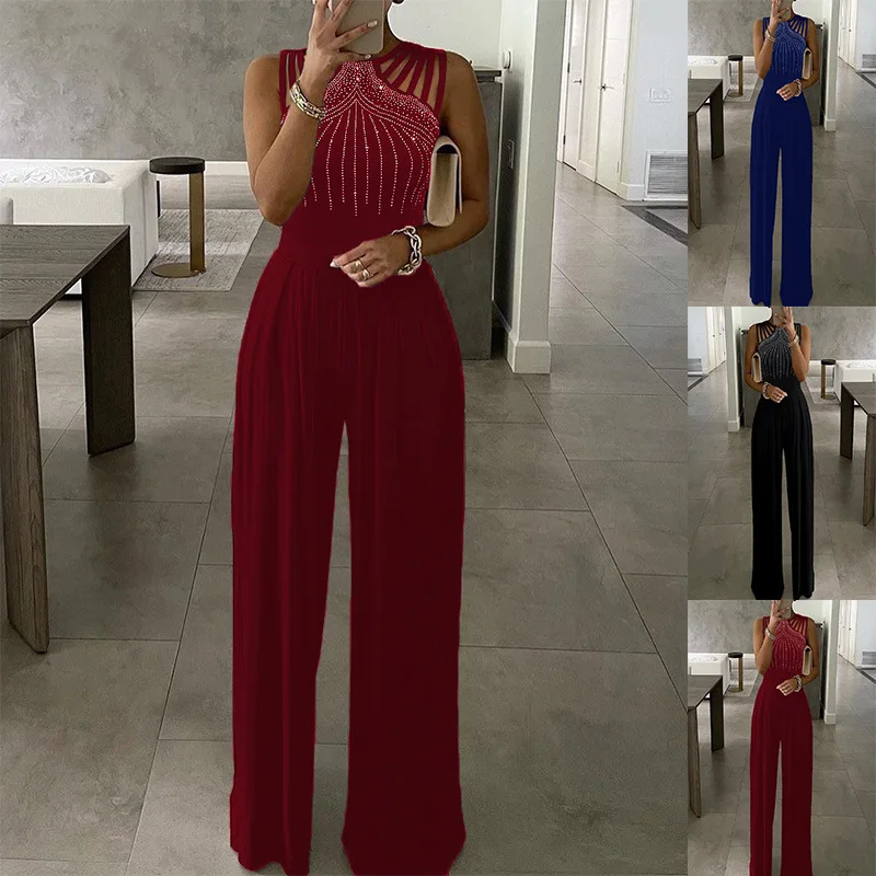 

New Summer Women's Jumpsuit Slim Fitting Solid Color Brick Inlaid Decorative Wide Leg Jumpsuit Casual Street Clothing One Piece