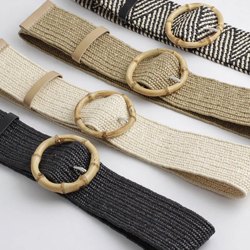 

Elastic PP Straw Belt Women Braided Wide Waist Belt Round Bamboo Buckle Waistbands Fake Straw Woven Waist Strap Bohemia Style