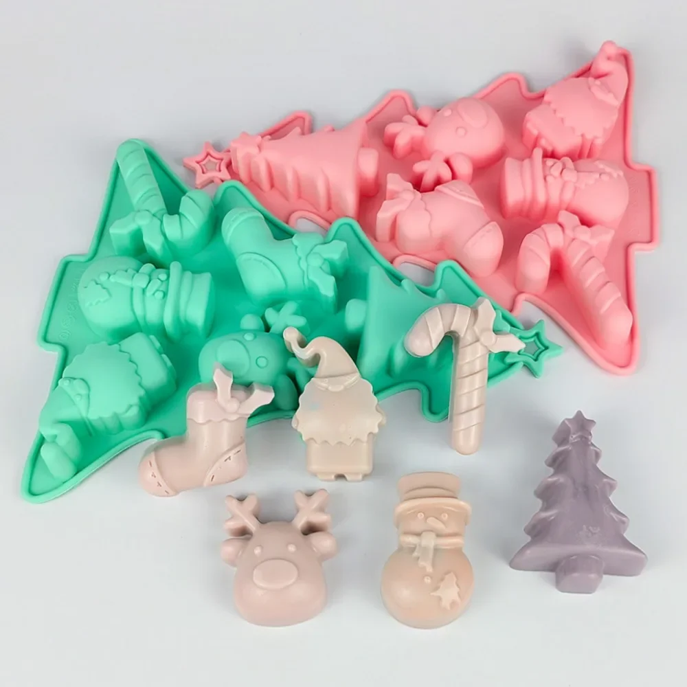 Christmas Tree Shape Chocolate Baking Set 3D Snowman Elk Candy Cane Biscuit  Jelly Silicone Mould Ice Tray Soap Candle Decor Gift